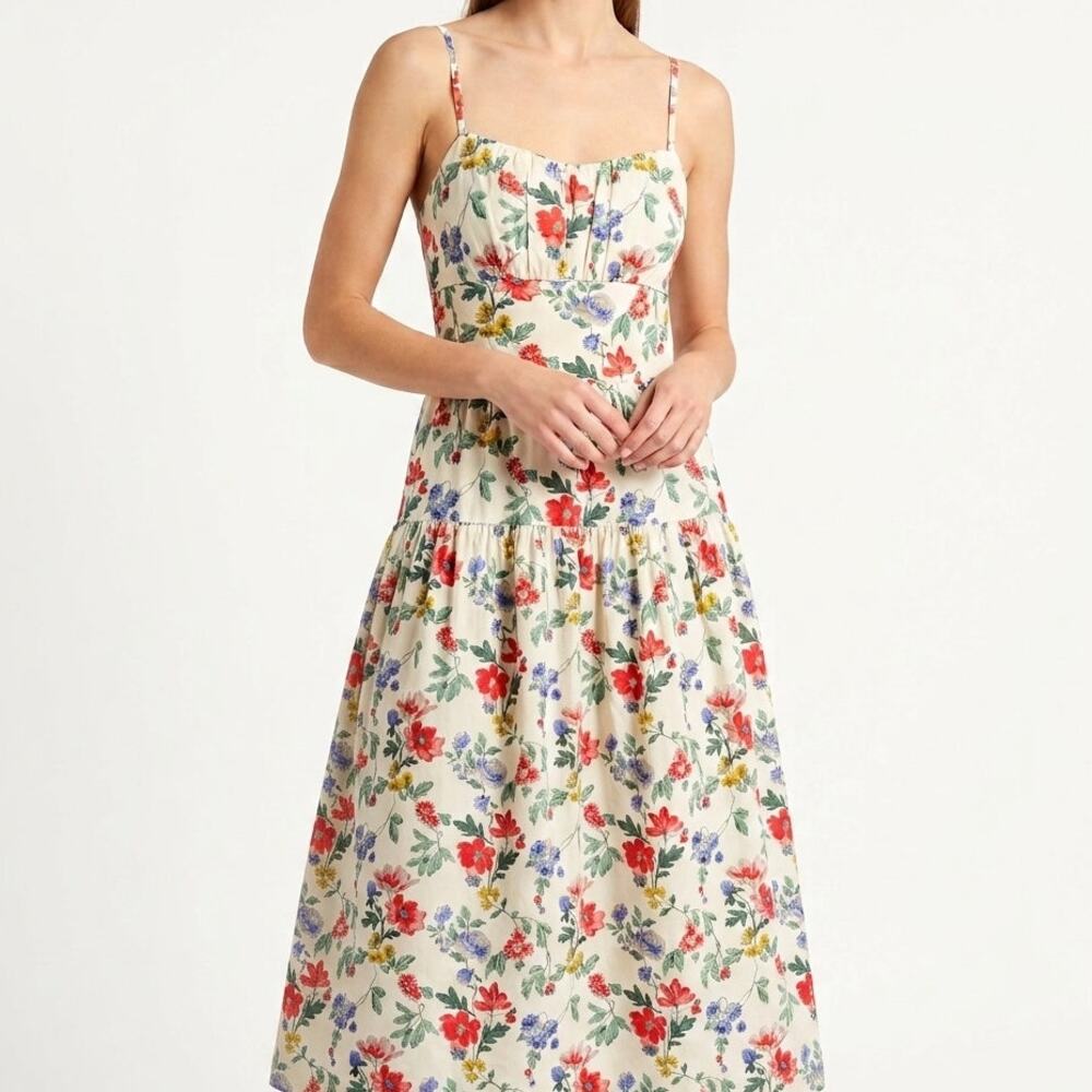 Lucky Brand Cream Floral Tiered Spaghetti Strap Maxi dress size 10 cottagecore